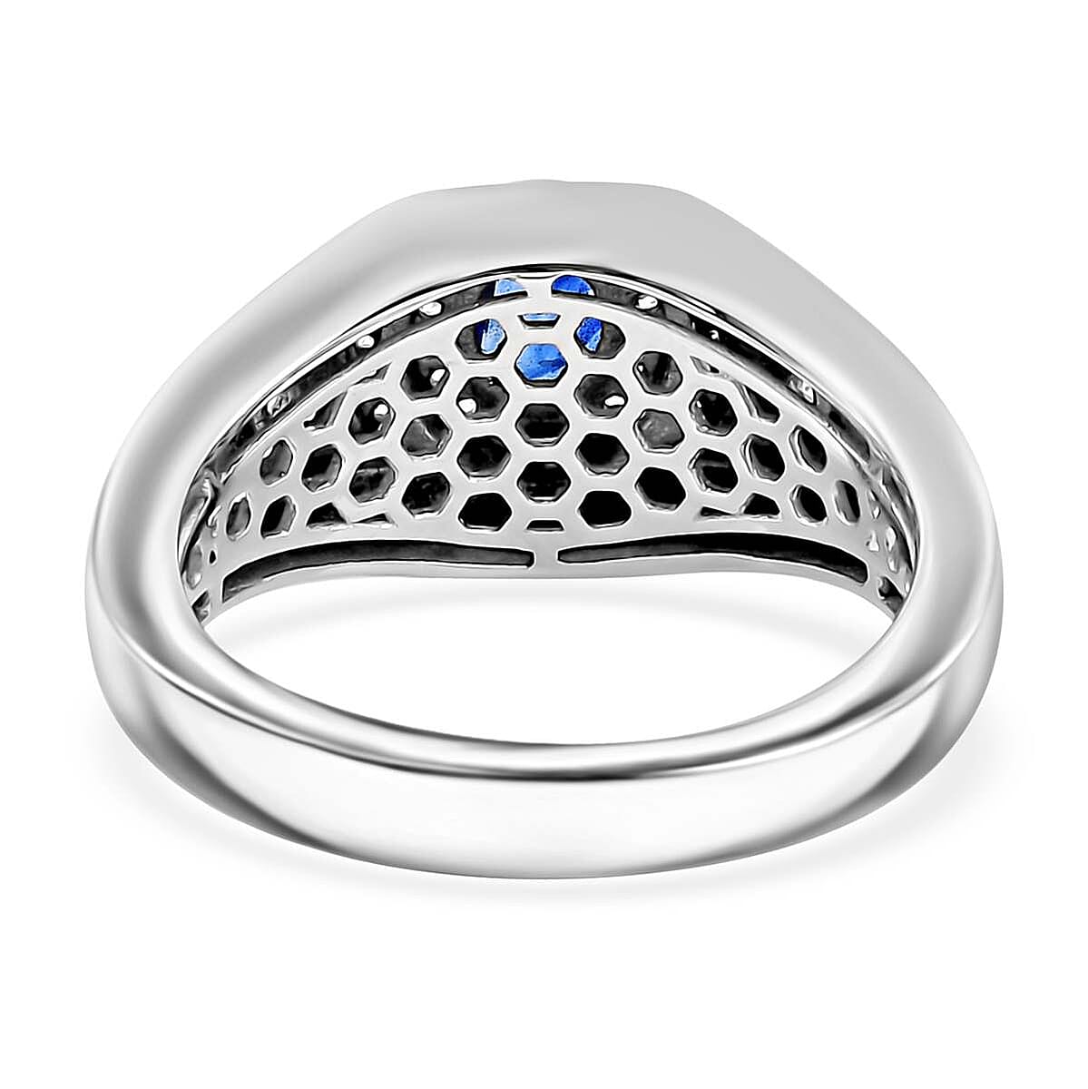 Ceylon Blue Sapphire and White Zircon 1.20 ctw Men's Ring in Rhodium Over Sterling Silver (Size 11.0) image number 4