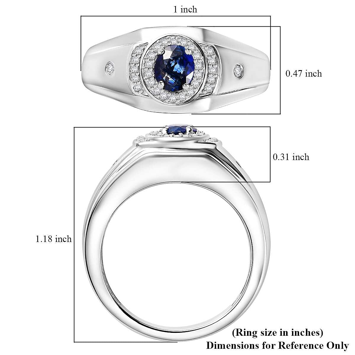 Ceylon Blue Sapphire and White Zircon 1.20 ctw Men's Ring in Rhodium Over Sterling Silver (Size 12.0) image number 5