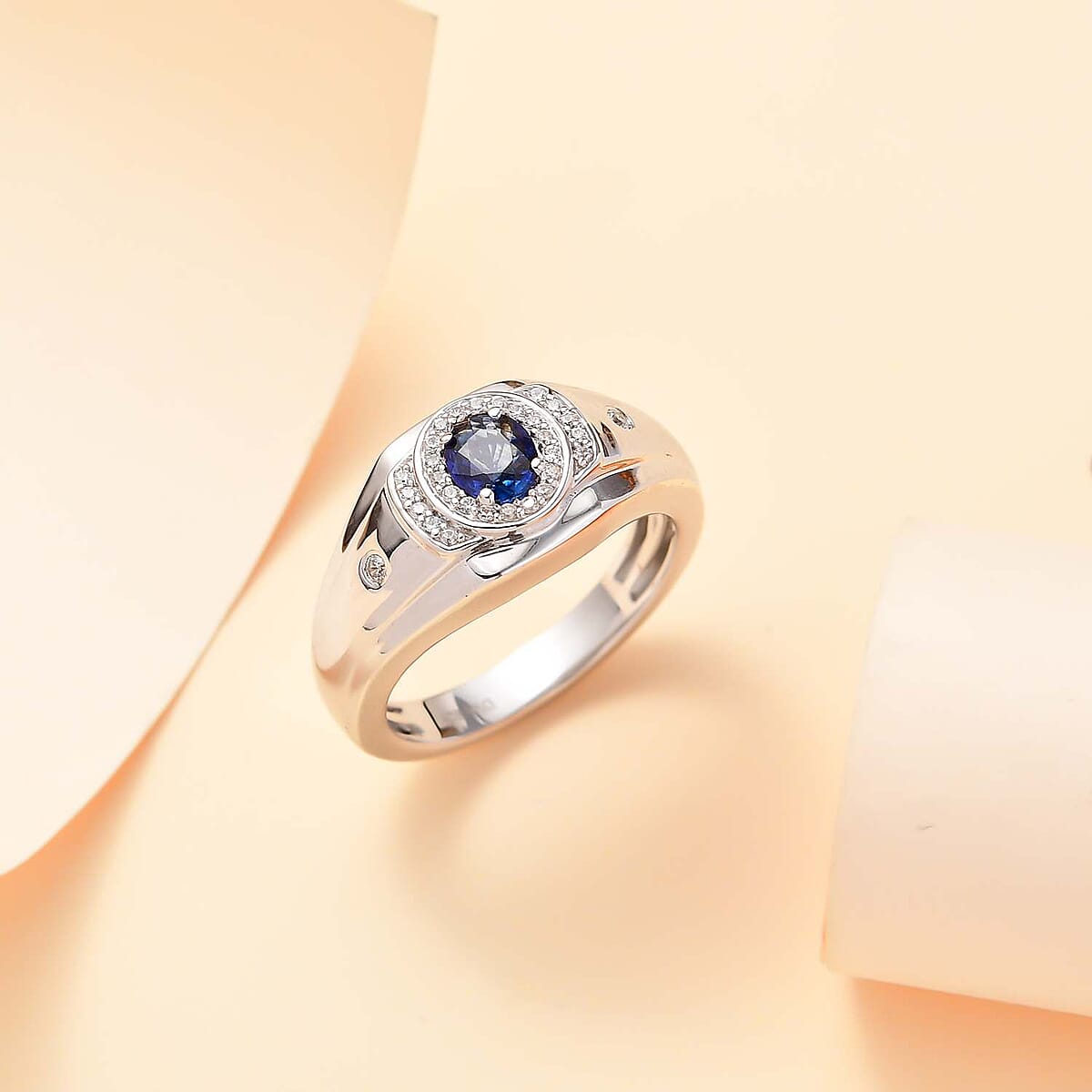 Ceylon Blue Sapphire and White Zircon 1.20 ctw Men's Ring in Rhodium Over Sterling Silver (Size 14.0) image number 1