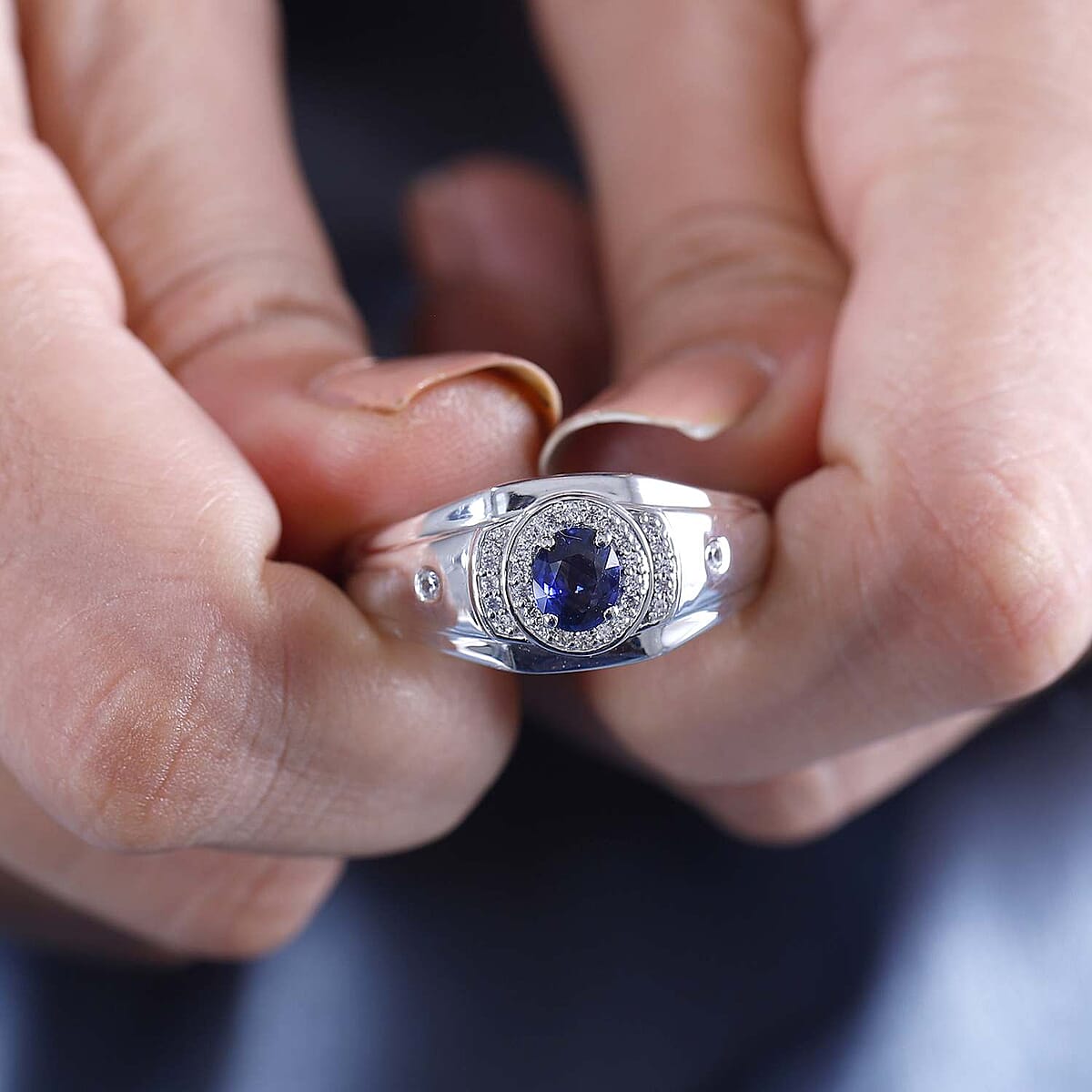 Ceylon Blue Sapphire and White Zircon 1.20 ctw Men's Ring in Rhodium Over Sterling Silver (Size 14.0) image number 2