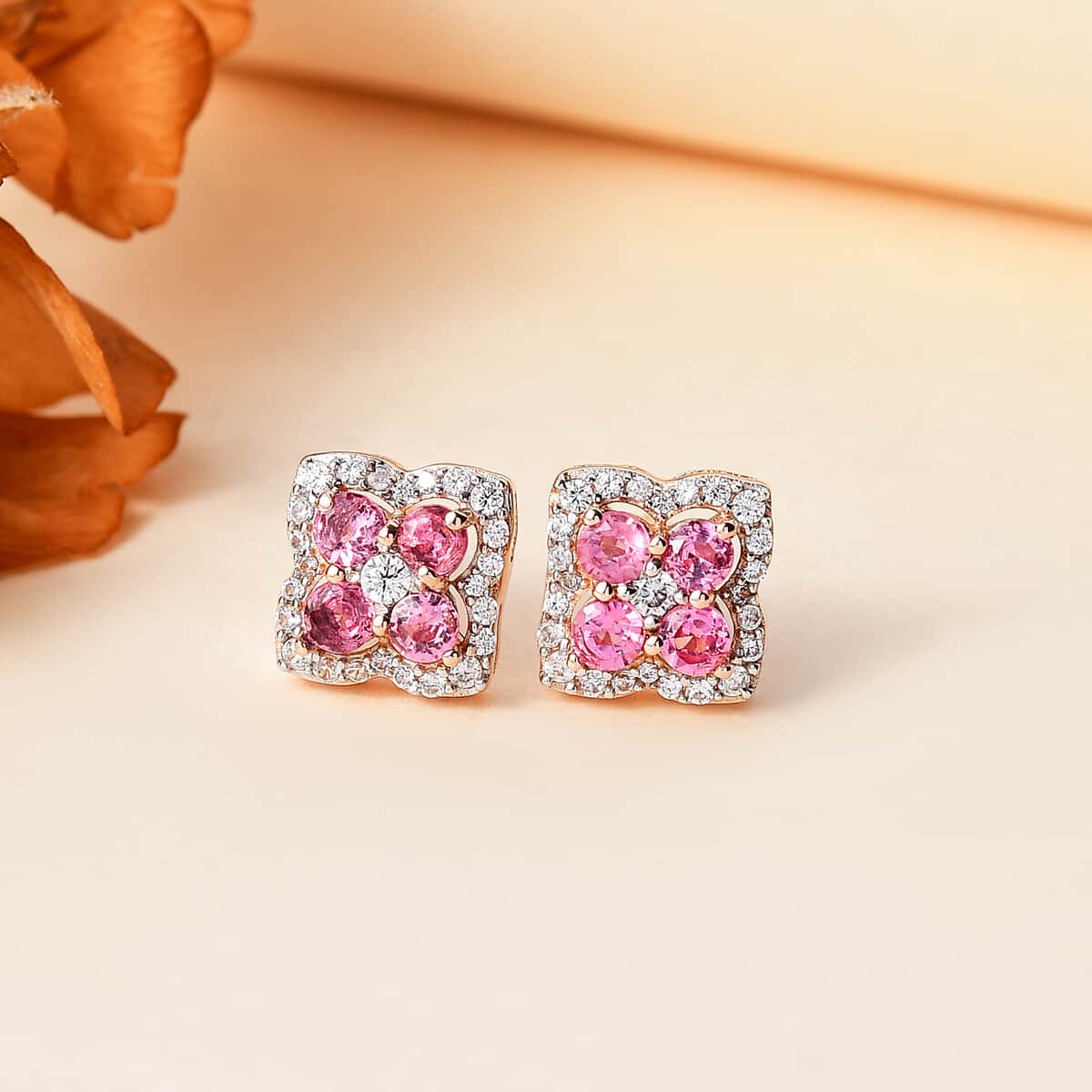 Mahenge Spinel and White Zircon 1.15 ctw Clover Leaf Earrings in 18K Vermeil Rose Gold Over Sterling Silver image number 1