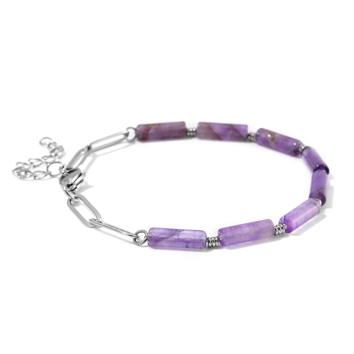 African Amethyst Barrel Shape Paper Clip Chain Bracelet (8.00-9.50In) in Stainless Steel 22.50 ctw image number 2