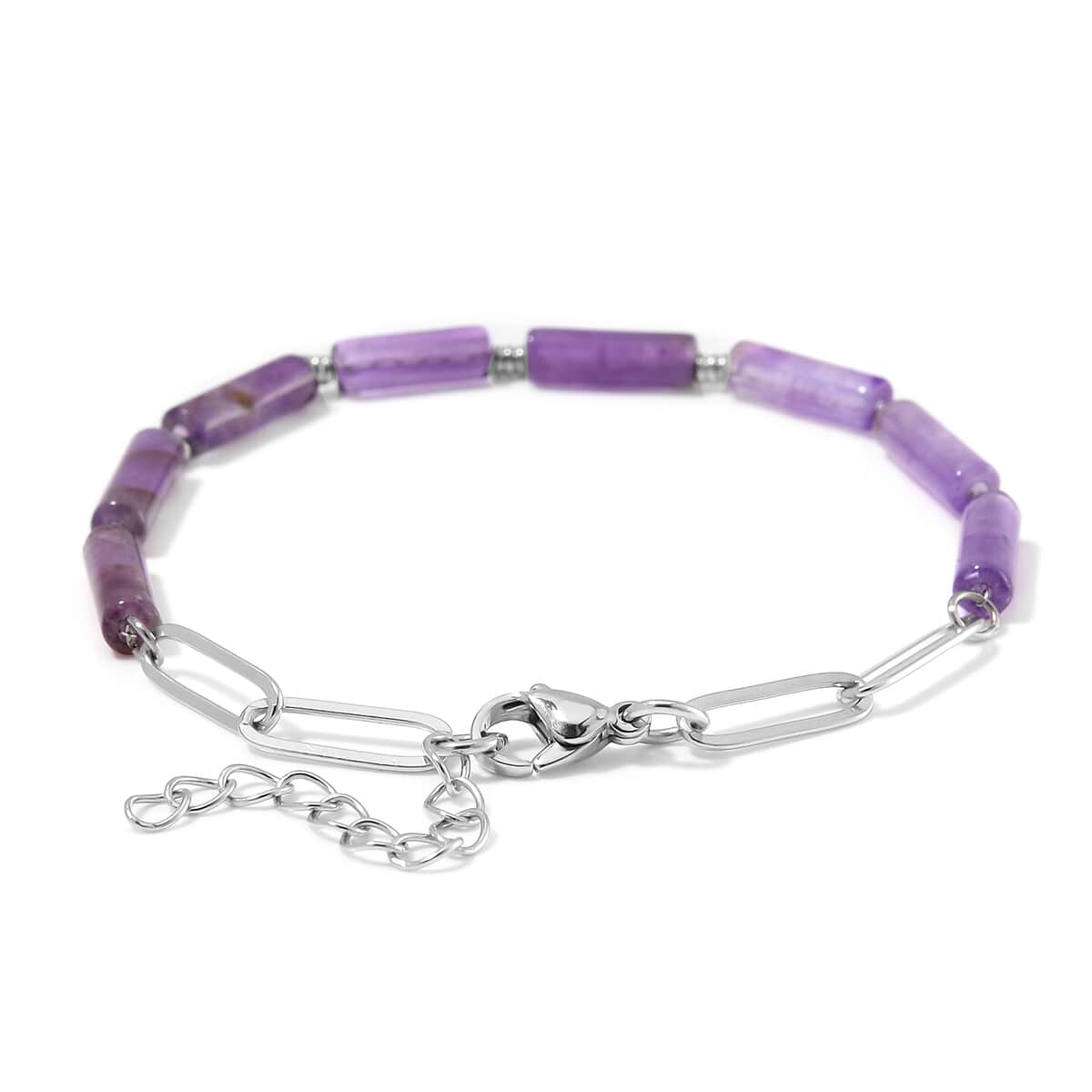 African Amethyst Barrel Shape Paper Clip Chain Bracelet (8.00-9.50In) in Stainless Steel 22.50 ctw image number 3