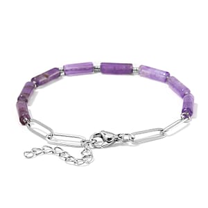 African Amethyst 22.50 ctw Barrel Shape Paper Clip Chain Bracelet (8.00-9.50In) in Stainless Steel 