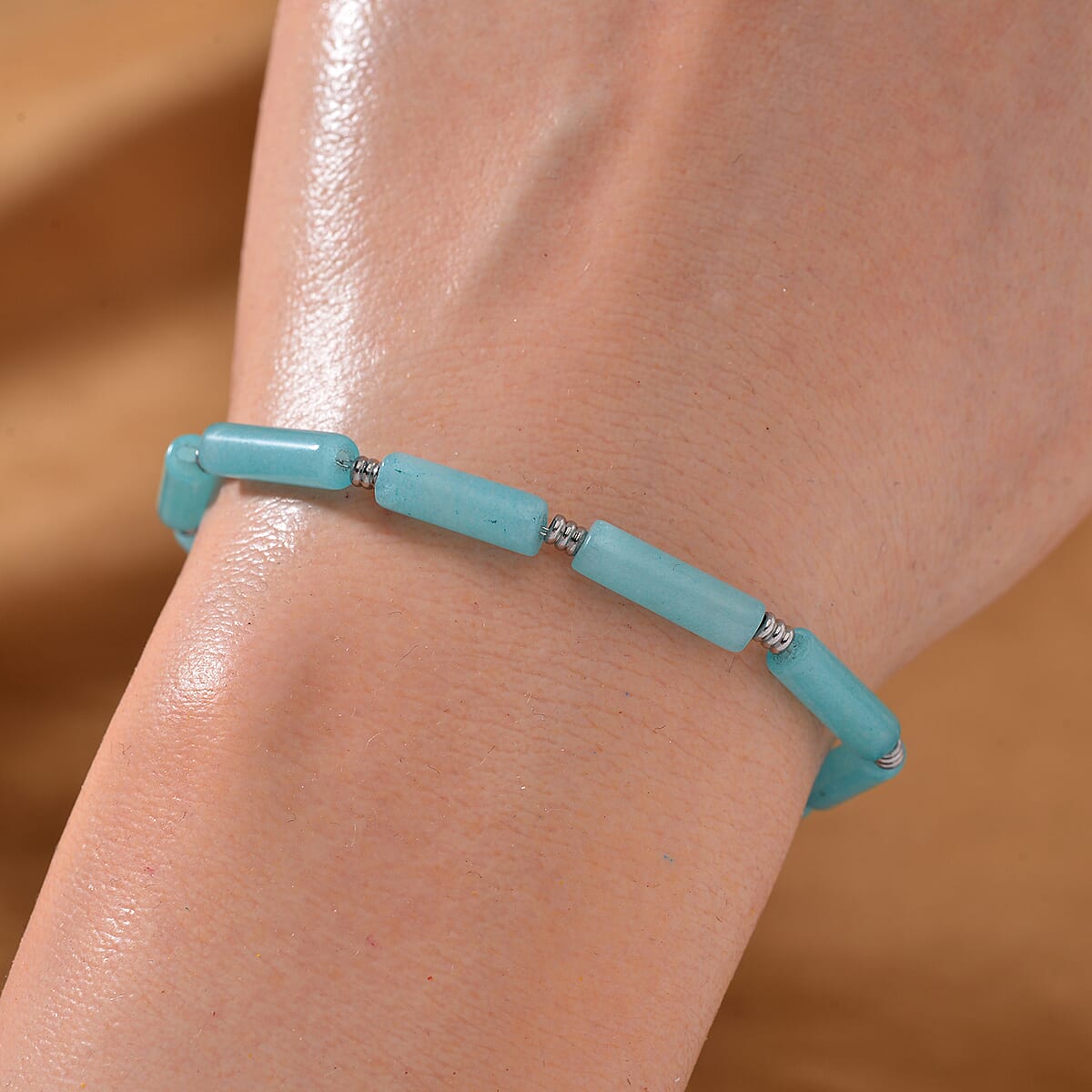 One Time Only Amazonite Barrel Shape Paper Clip Chain Bracelet (8.00-9.50In) in Stainless Steel 22.50 ctw image number 1