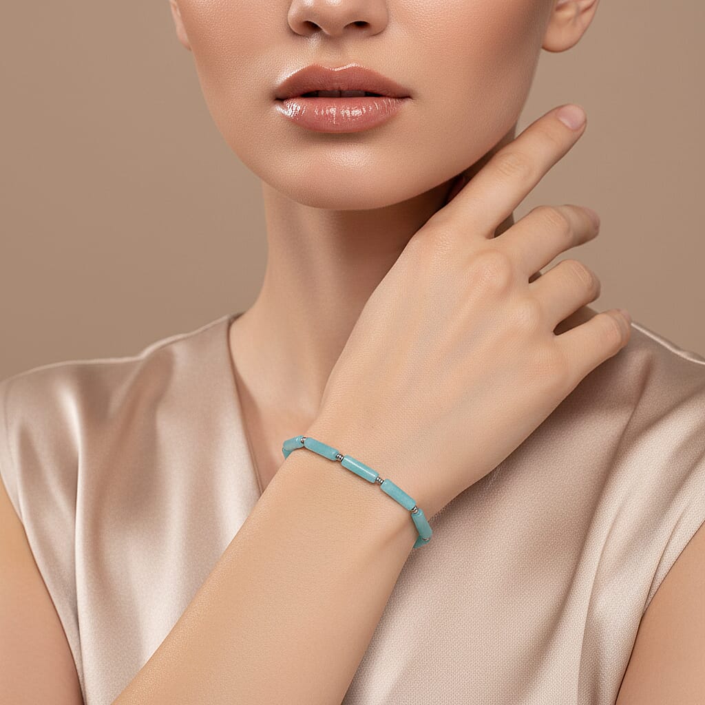 One Time Only Amazonite 22.50 ctw Barrel Shape Paper Clip Chain Bracelet (8.00-9.50In) in Stainless Steel