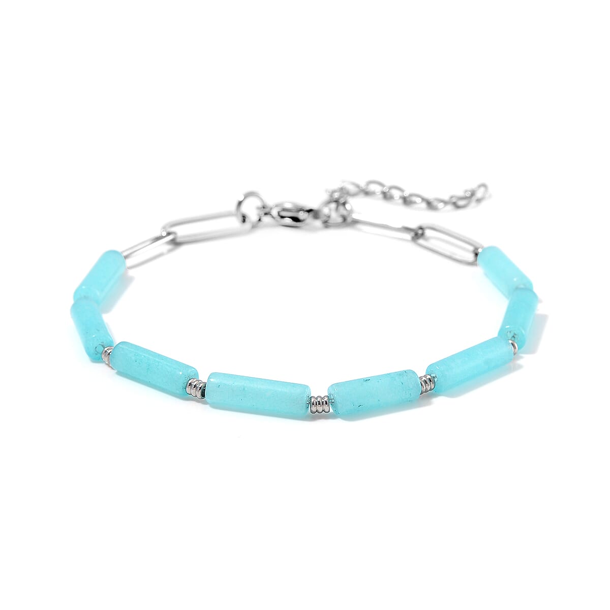 One Time Only Amazonite Barrel Shape Paper Clip Chain Bracelet (8.00-9.50In) in Stainless Steel 22.50 ctw image number 2