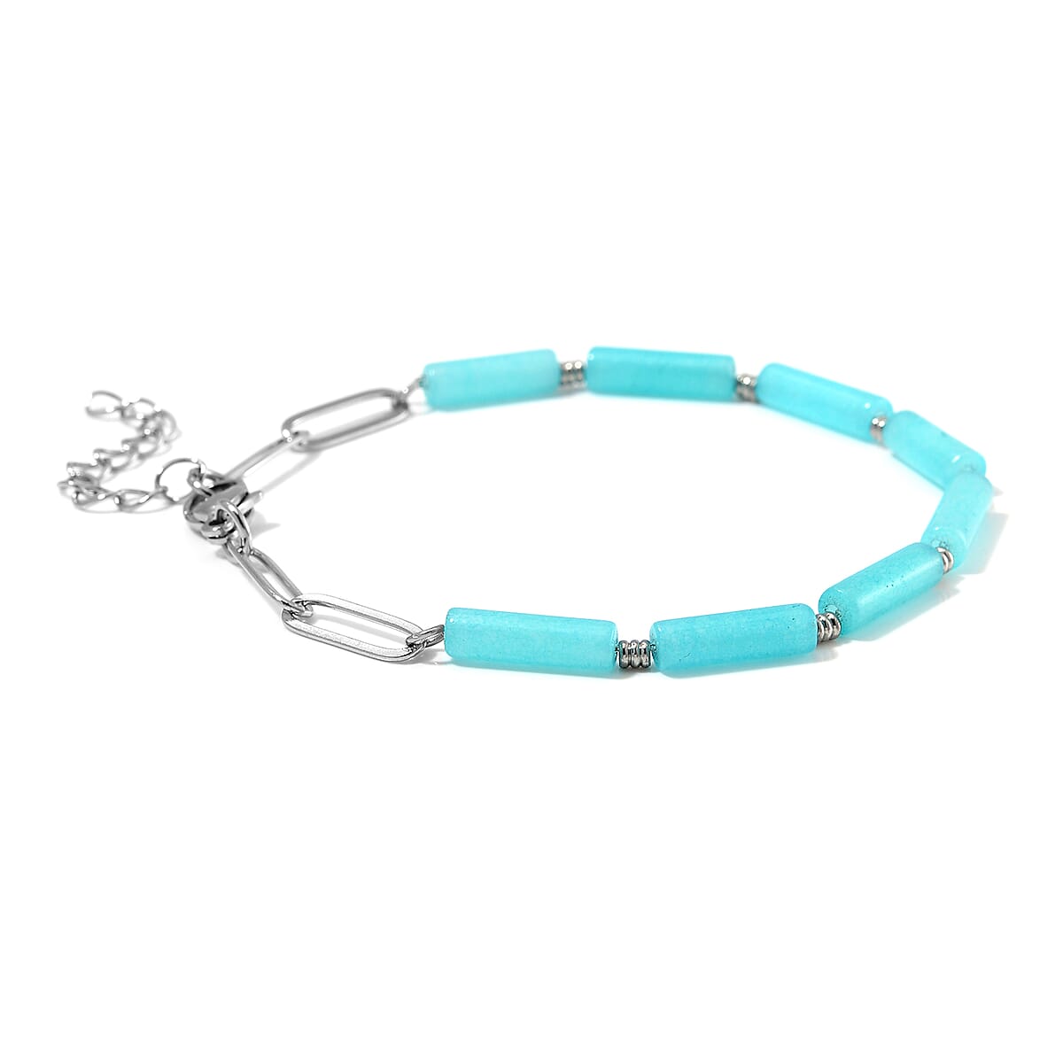 One Time Only Amazonite Barrel Shape Paper Clip Chain Bracelet (8.00-9.50In) in Stainless Steel 22.50 ctw image number 3