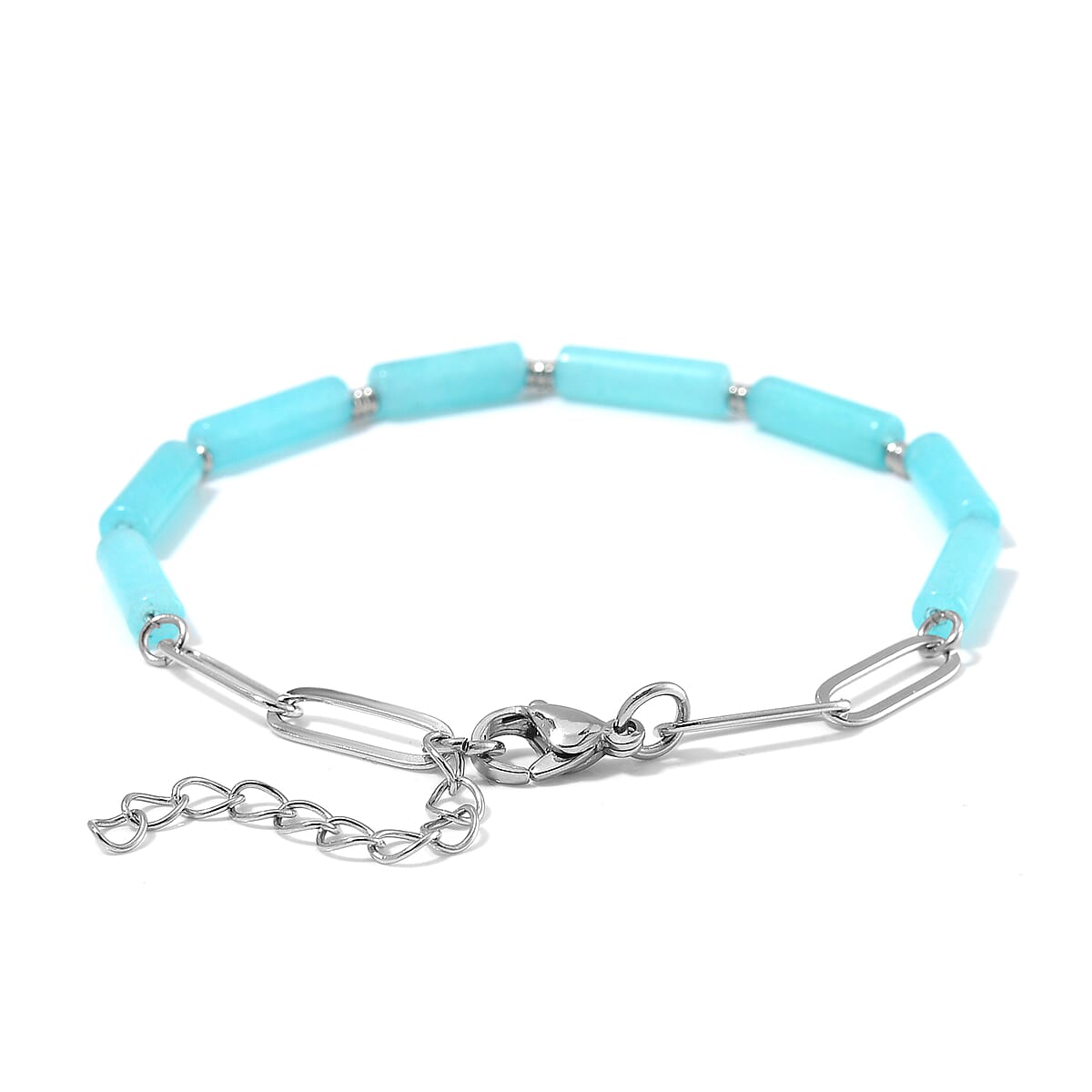 One Time Only Amazonite Barrel Shape Paper Clip Chain Bracelet (8.00-9.50In) in Stainless Steel 22.50 ctw image number 4