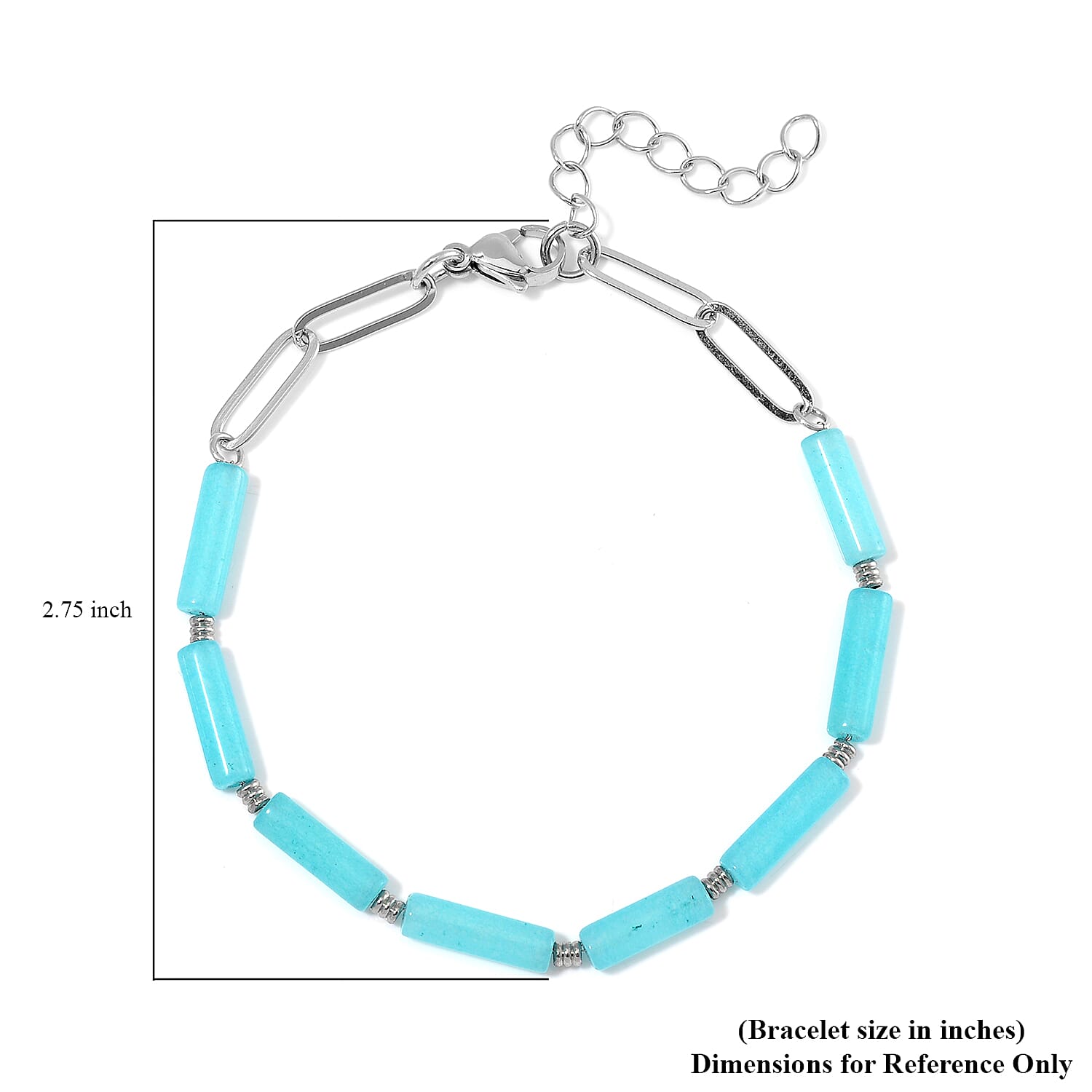 One Time Only Amazonite 22.50 ctw Barrel Shape Paper Clip Chain Bracelet (8.00-9.50In) in Stainless Steel