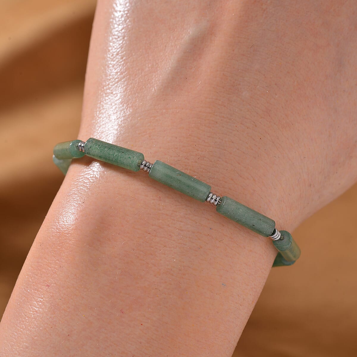 One Time Only Green Aventurine Barrel Shape Paper Clip Chain Bracelet (8.00-9.50In) in Stainless Steel 22.50 ctw image number 1