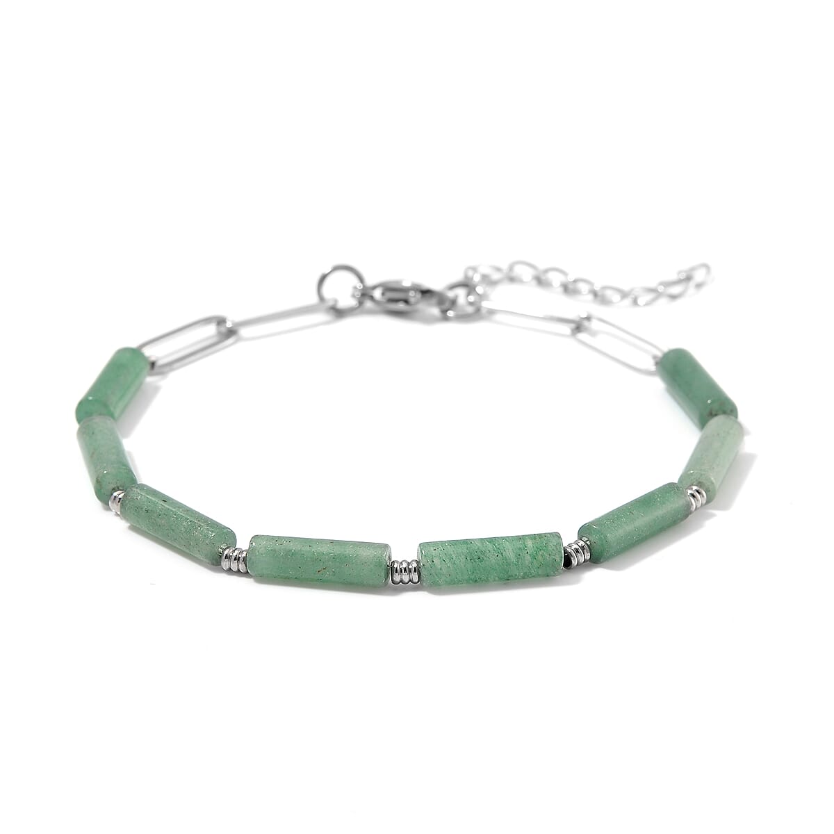 One Time Only Green Aventurine Barrel Shape Paper Clip Chain Bracelet (8.00-9.50In) in Stainless Steel 22.50 ctw image number 2
