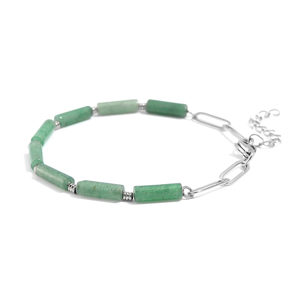 One Time Only Green Aventurine Barrel Shape Paper Clip Chain Bracelet (8.00-9.50In) in Stainless Steel 22.50 ctw image number 3
