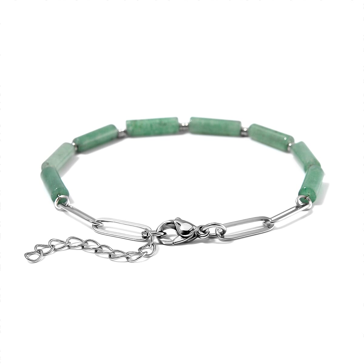 One Time Only Green Aventurine Barrel Shape Paper Clip Chain Bracelet (8.00-9.50In) in Stainless Steel 22.50 ctw image number 4