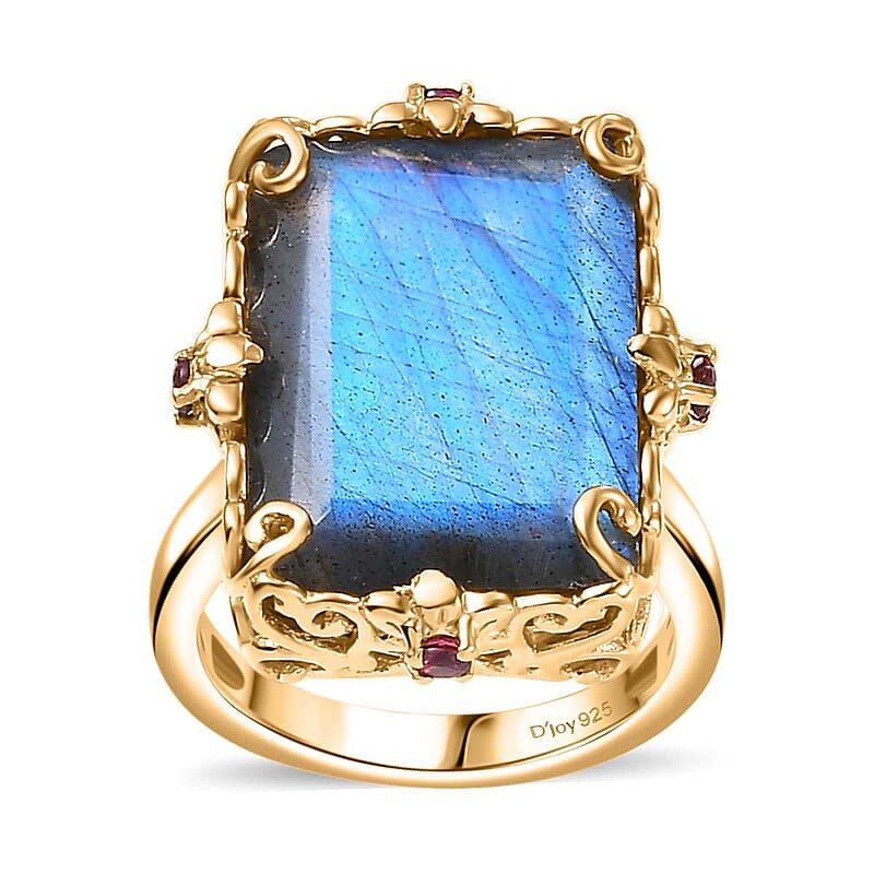 Premium Malagasy Labradorite and Orissa Rhodolite Garnet 15.80 ctw Floral Ring in 18K Vermeil Yellow Gold Over Sterling Silver (Size 10.0)