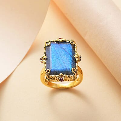 Premium Malagasy Labradorite and Orissa Rhodolite Garnet 15.80 ctw Floral Ring in 18K Vermeil Yellow Gold Over Sterling Silver (Size 10.0)