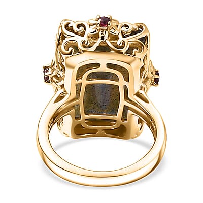 Premium Malagasy Labradorite and Orissa Rhodolite Garnet 15.80 ctw Floral Ring in 18K Vermeil Yellow Gold Over Sterling Silver (Size 10.0)