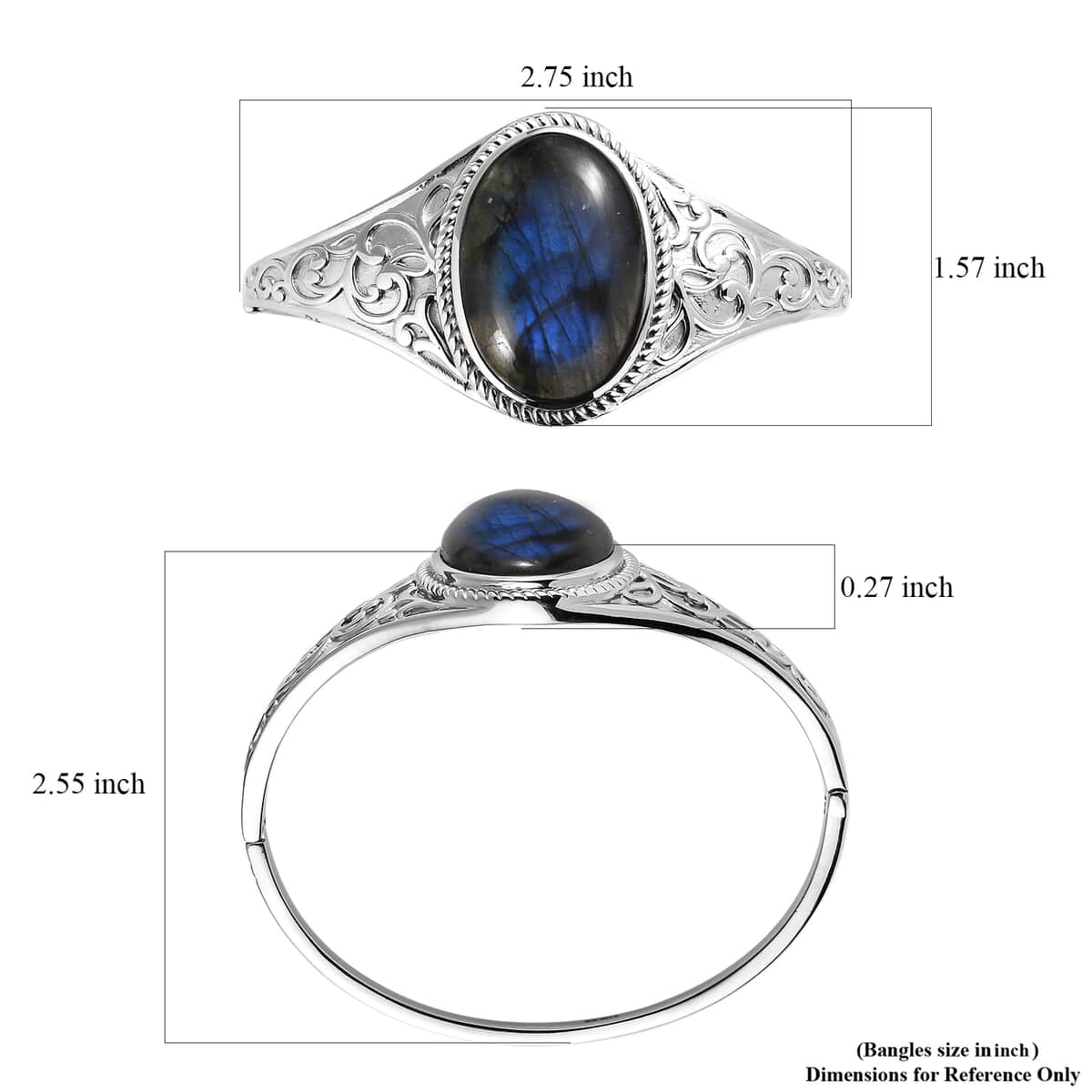 Malagasy Labradorite Filigree Bangle Bracelet in Stainless Steel (6.50 In) 39.30 ctw image number 5