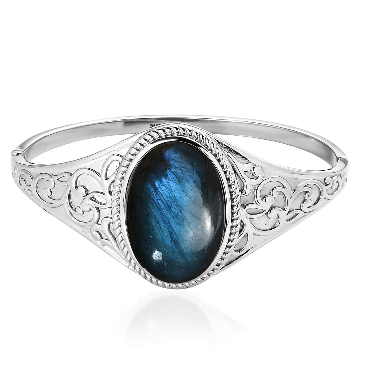 Malagasy Labradorite 39.30 ctw Filigree Bangle Bracelet in Stainless Steel (7.25 In)  image number 0