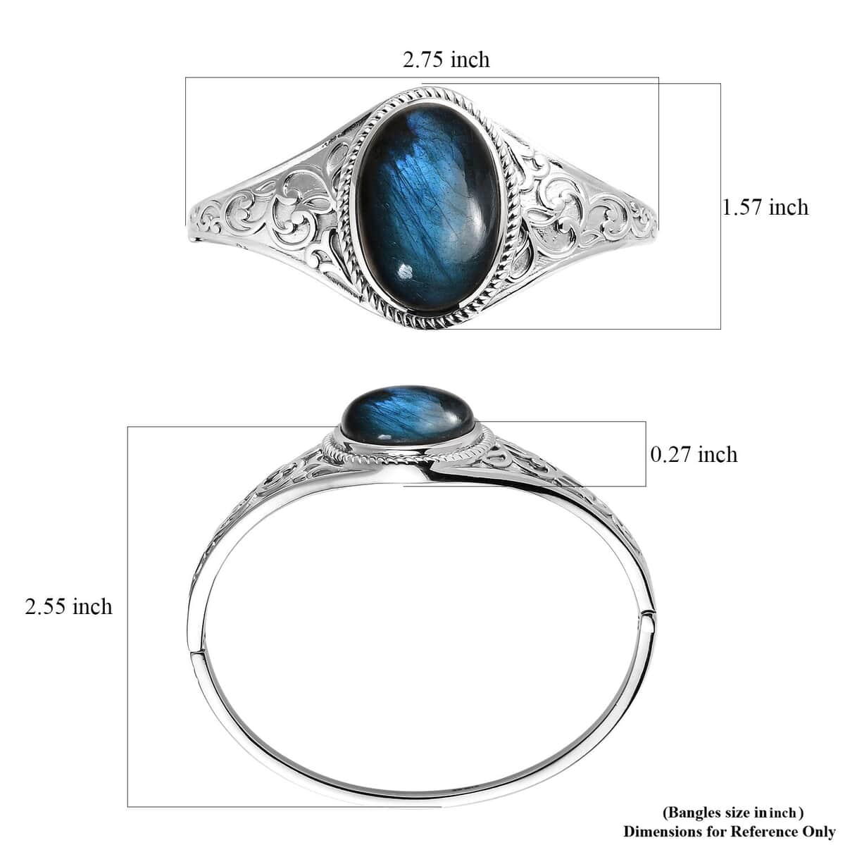 Malagasy Labradorite 39.30 ctw Filigree Bangle Bracelet in Stainless Steel (7.25 In)  image number 6