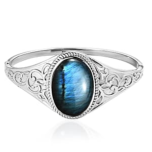Malagasy Labradorite 39.30 ctw Filigree Bangle Bracelet in Stainless Steel (8.00 In)