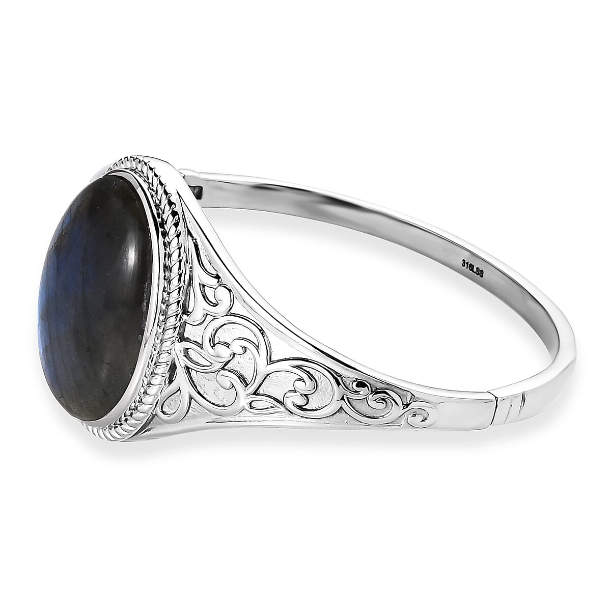 Malagasy Labradorite 39.30 ctw Filigree Bangle Bracelet in Stainless Steel (8.00 In) image number 3