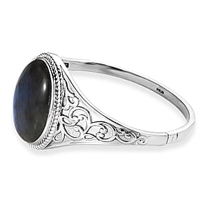 Malagasy Labradorite 39.30 ctw Filigree Bangle Bracelet in Stainless Steel (8.00 In)