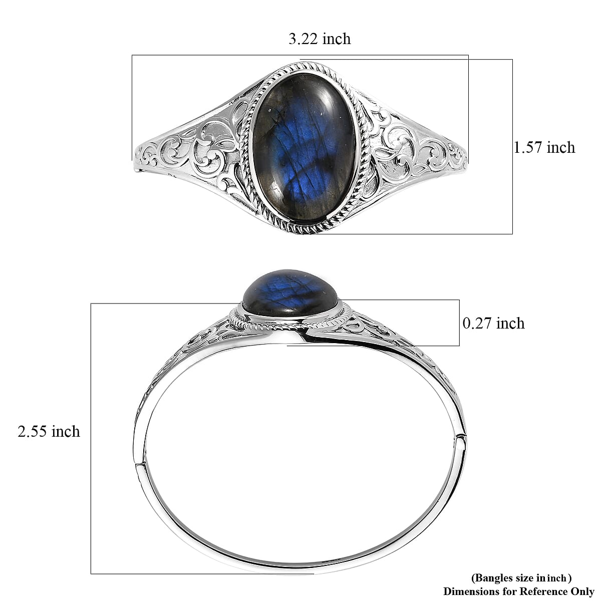 Malagasy Labradorite 39.30 ctw Filigree Bangle Bracelet in Stainless Steel (8.00 In) image number 5