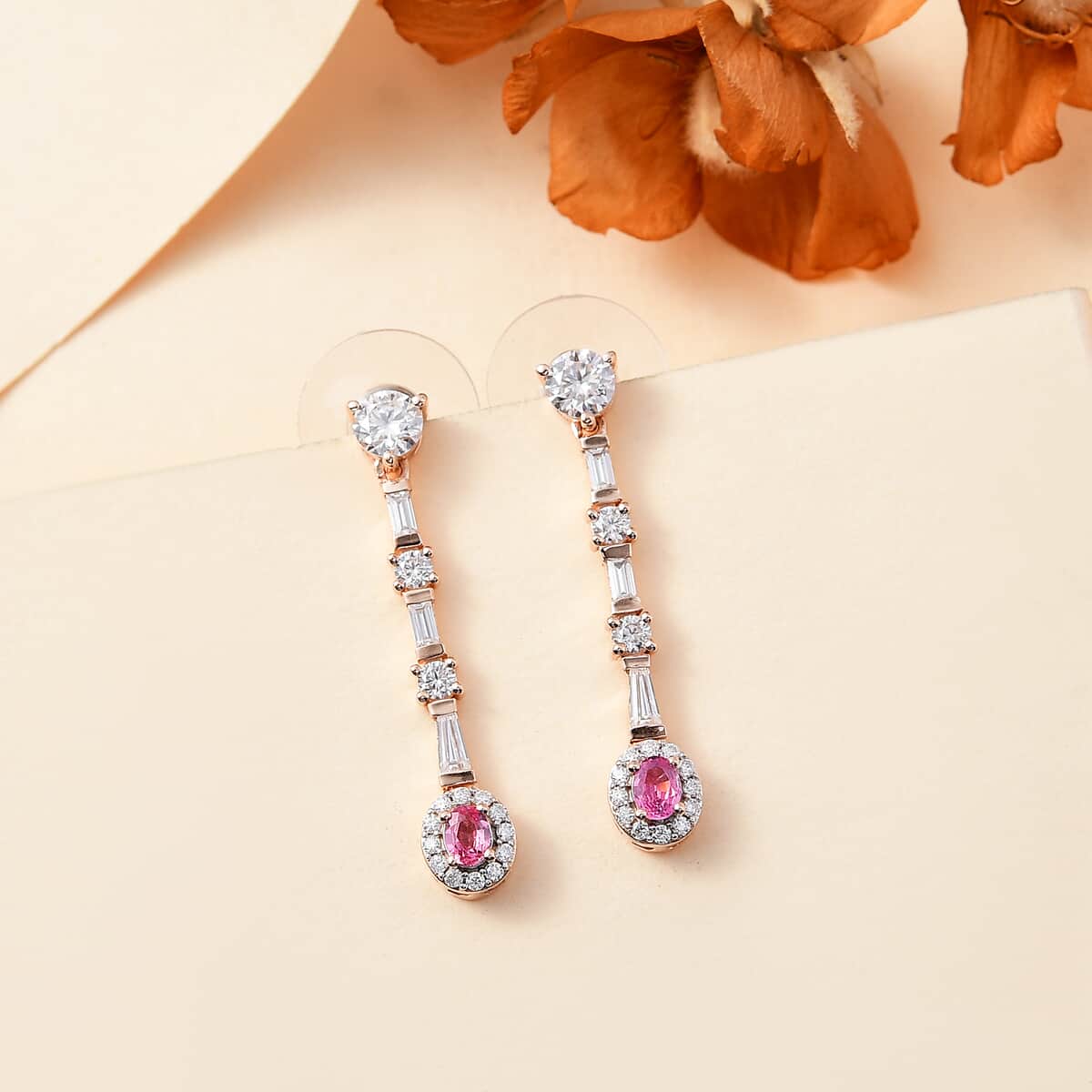 Mahenge Spinel and Moissanite 1.85 ctw Art Deco Earrings in 18K Vermeil Rose Gold Over Sterling Silver image number 1