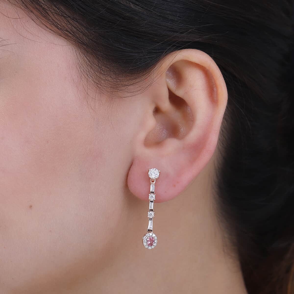 Mahenge Spinel and Moissanite 1.85 ctw Art Deco Earrings in 18K Vermeil Rose Gold Over Sterling Silver image number 2