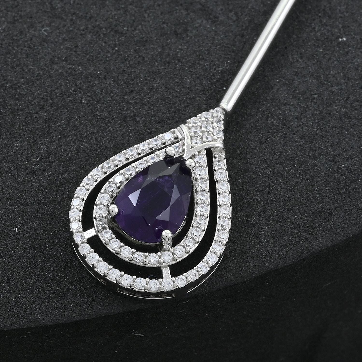 African Amethyst and Simulated Diamond 2.35 ctw Brooch in Silvertone