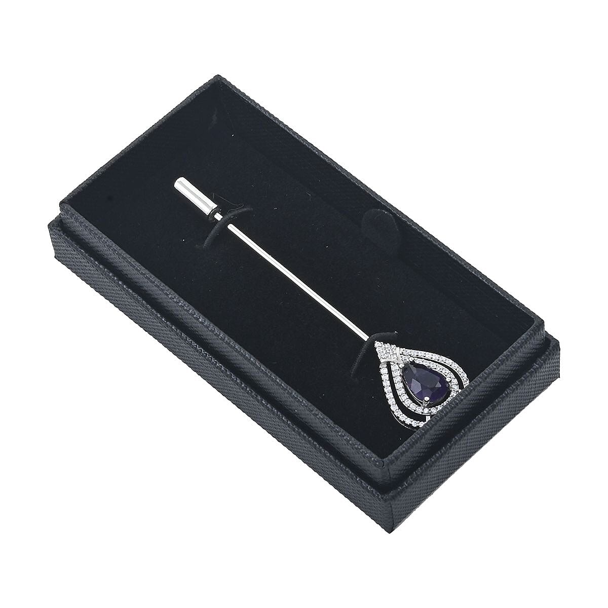 African Amethyst and Simulated Diamond 2.35 ctw Brooch in Silvertone