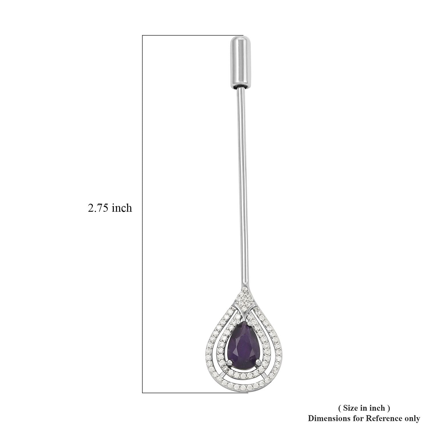 African Amethyst and Simulated Diamond 2.35 ctw Brooch in Silvertone