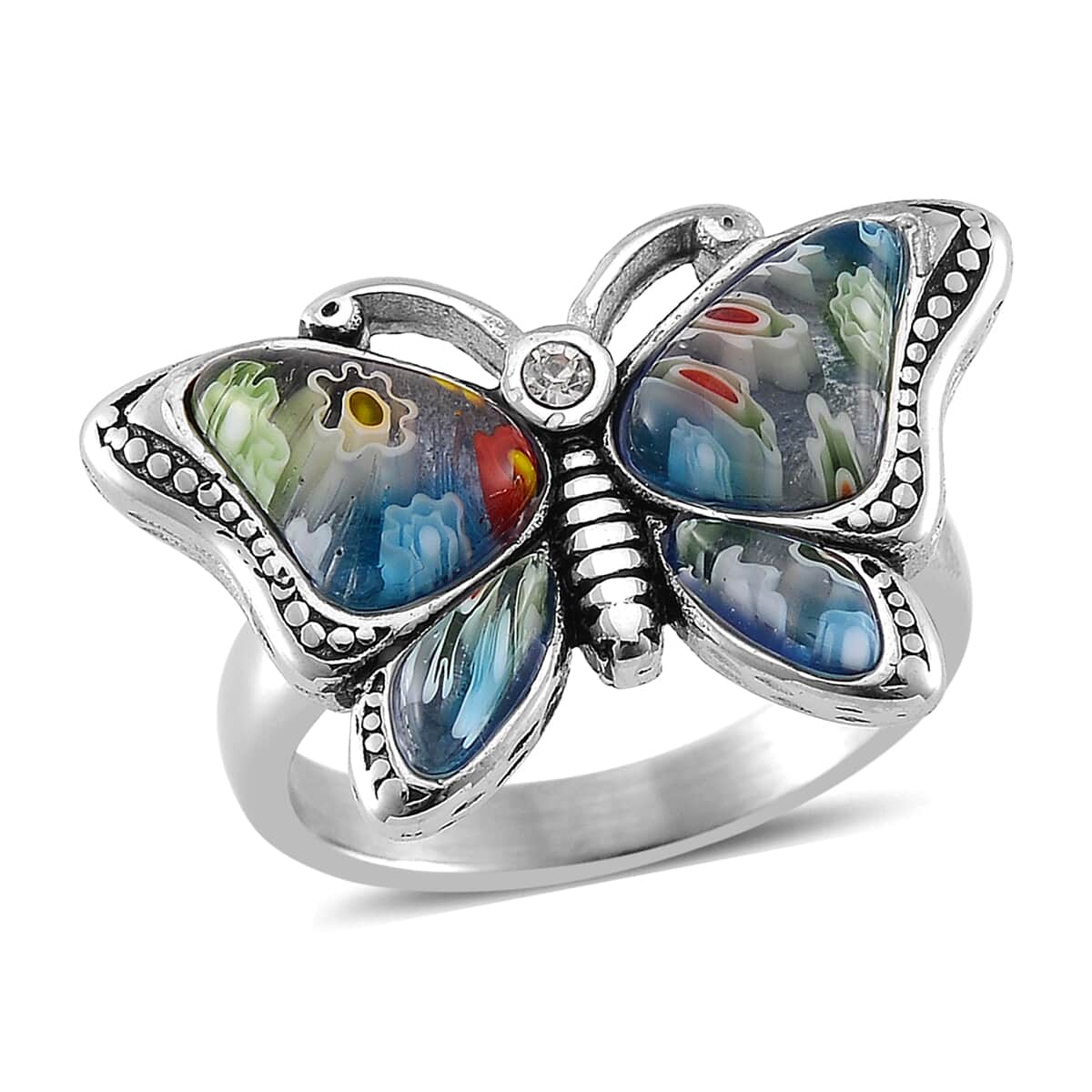 Multi Color Murano Style and White Austrian Crystal Butterfly Ring in Stainless Steel (Size 10.0) image number 0