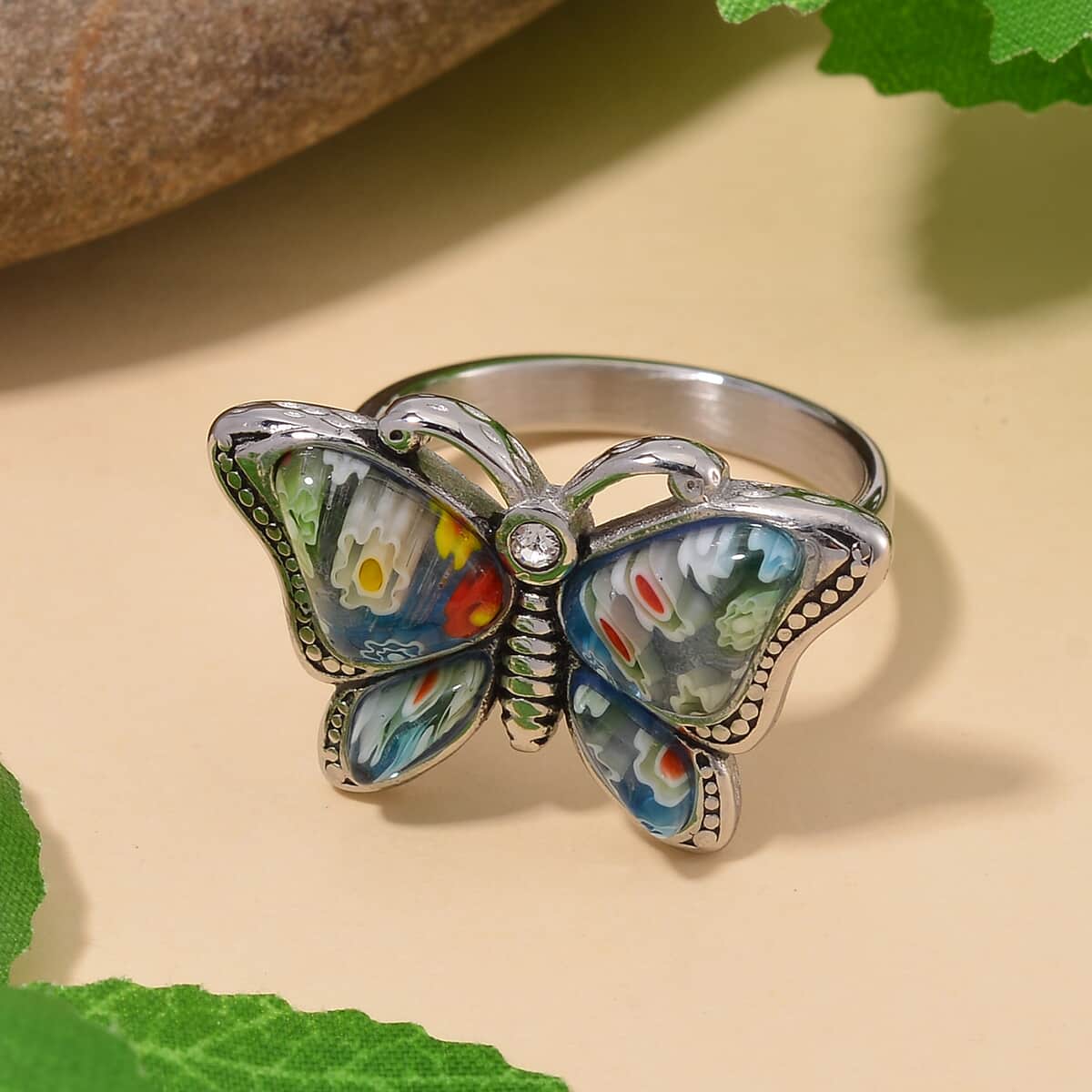 Multi Color Murano Style and White Austrian Crystal Butterfly Ring in Stainless Steel (Size 10.0) image number 1