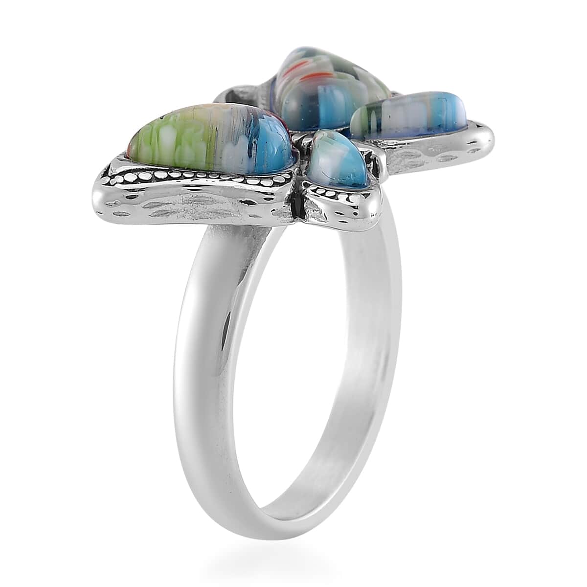 Multi Color Murano Style and White Austrian Crystal Butterfly Ring in Stainless Steel (Size 10.0) image number 3