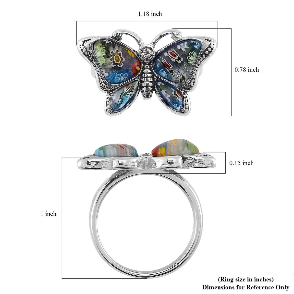 Multi Color Murano Style and White Austrian Crystal Butterfly Ring in Stainless Steel (Size 10.0) image number 5