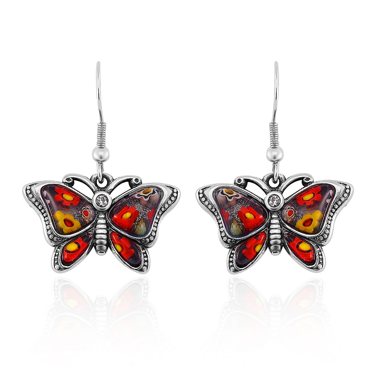 Multi Color Murano Style and White Austrian Crystal Dangle Earrings in Stainless Steel