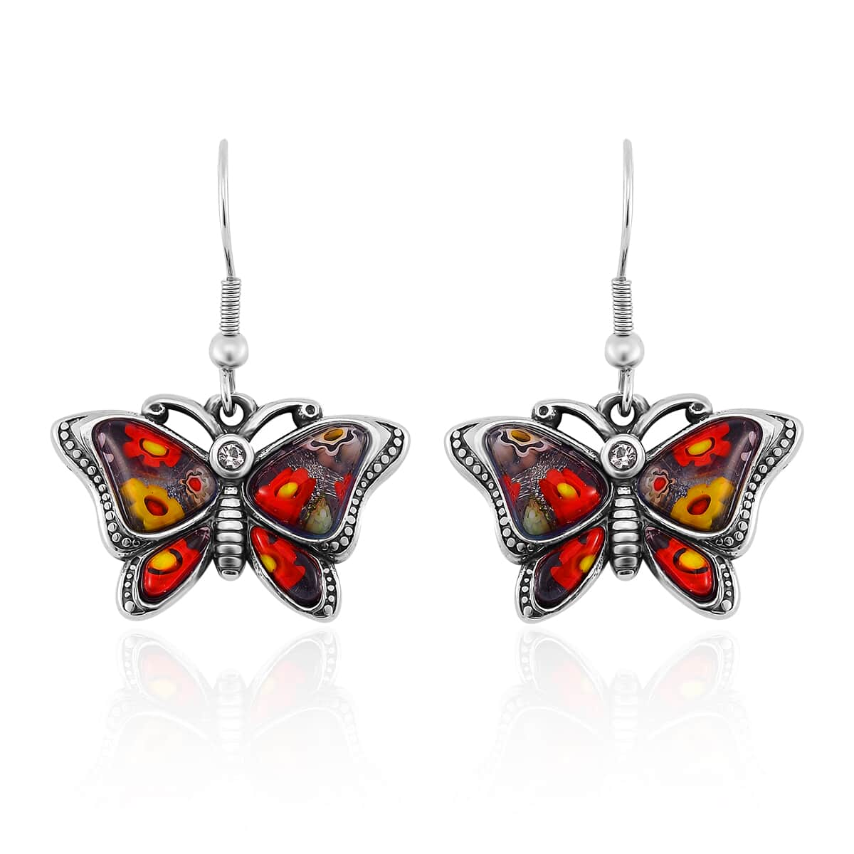 Multi Color Murano Style and White Austrian Crystal Dangle Earrings in Stainless Steel image number 0