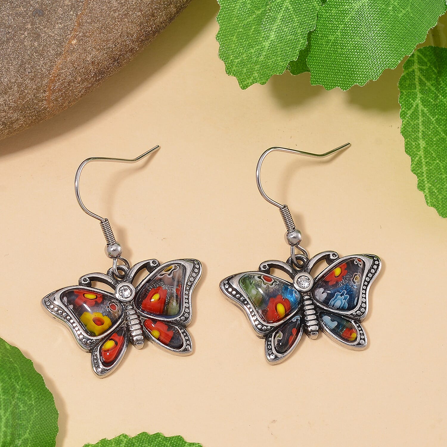 Multi Color Murano Style and White Austrian Crystal Dangle Earrings in Stainless Steel