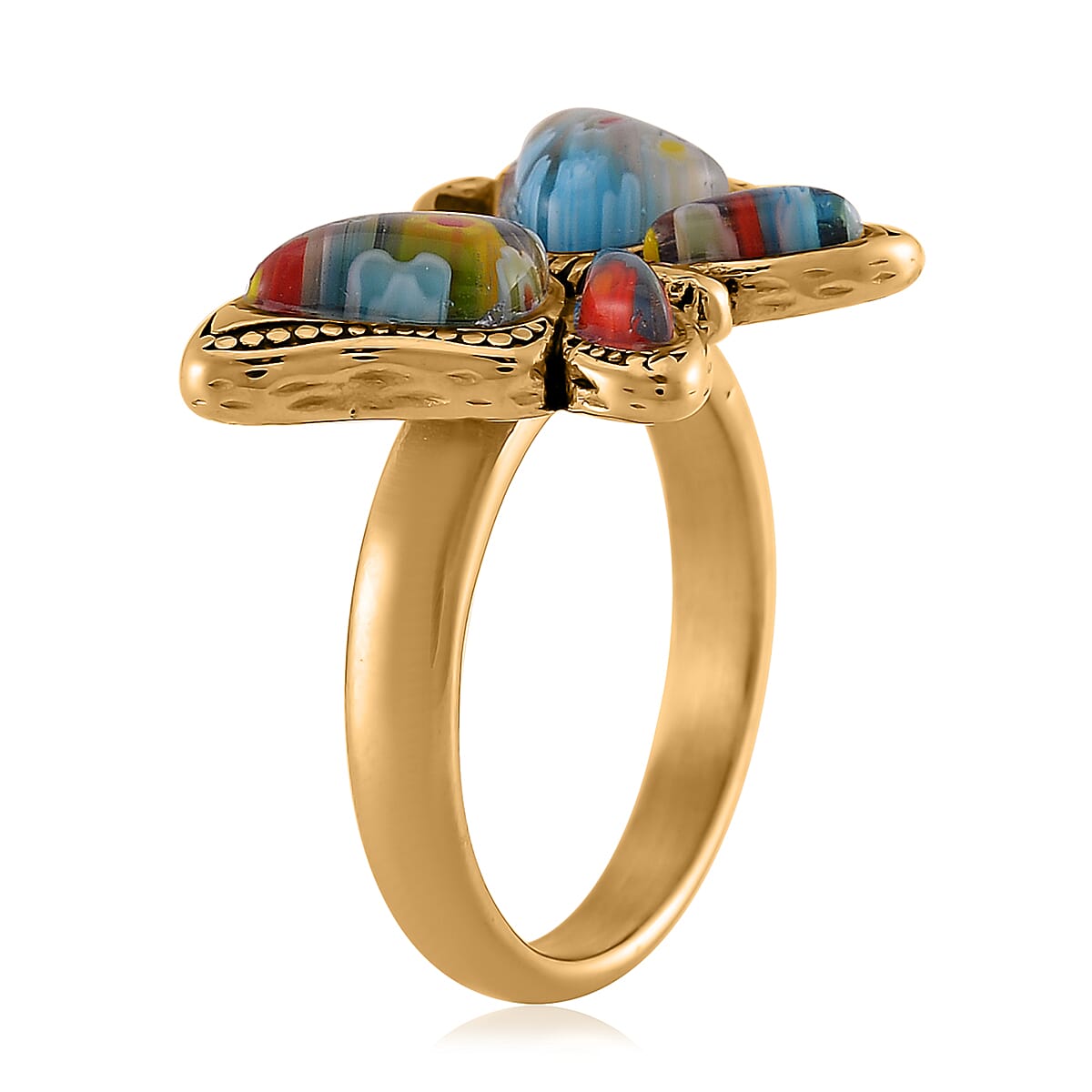 Multi Color Murano Style and White Austrian Crystal Butterfly Ring in ION Plated YG Stainless Steel (Size 8.0) image number 3
