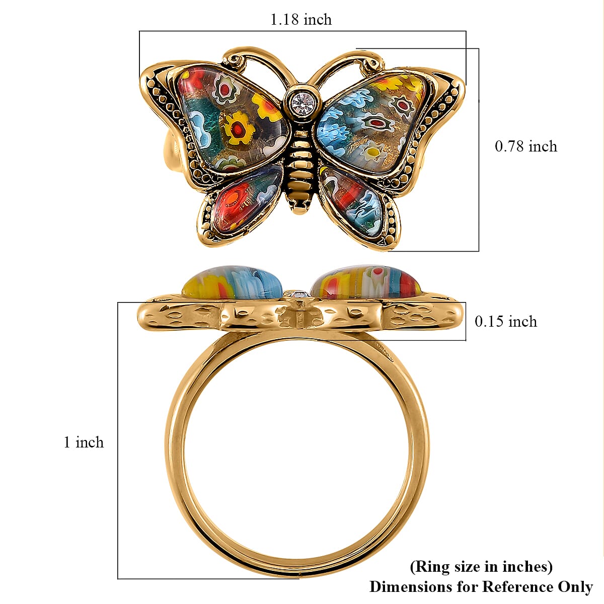 Multi Color Murano Style and White Austrian Crystal Butterfly Ring in ION Plated YG Stainless Steel (Size 8.0) image number 5
