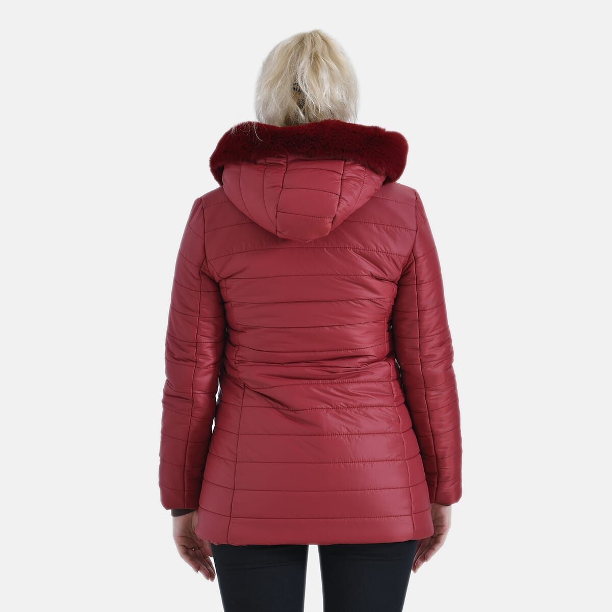Tamsy Red Reversible Faux Fur and Puffer Jacket with Hood - L image number 1
