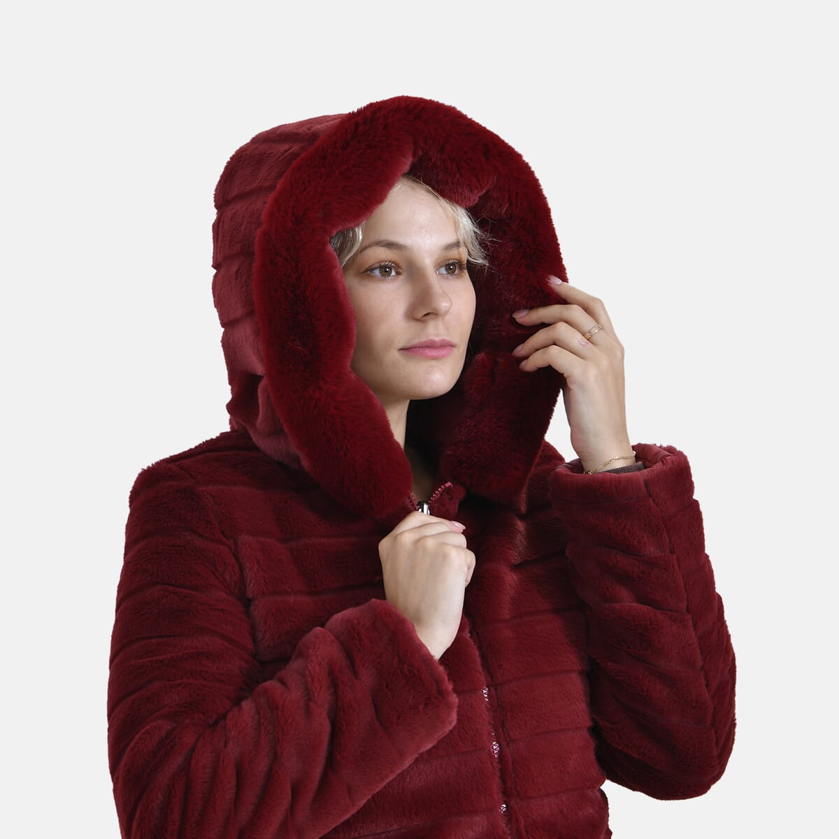 Tamsy Red Reversible Faux Fur and Puffer Jacket with Hood - L image number 9