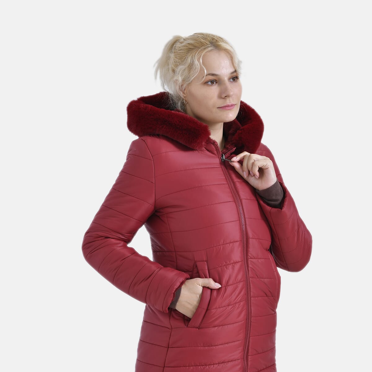 Tamsy Red Reversible Faux Fur and Puffer Jacket with Hood - XL image number 4