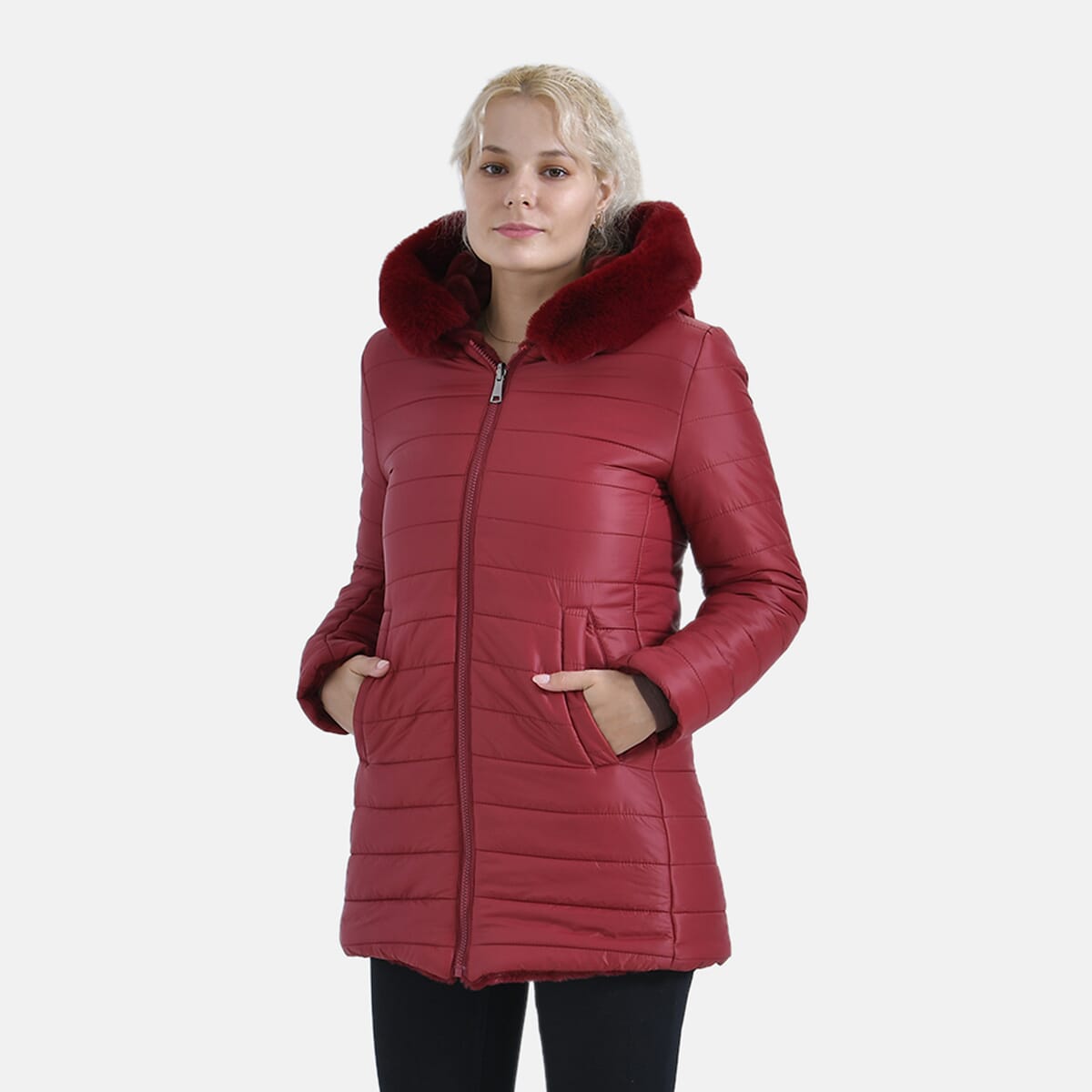 Tamsy Red Reversible Faux Fur and Puffer Jacket with Hood - XXL image number 0