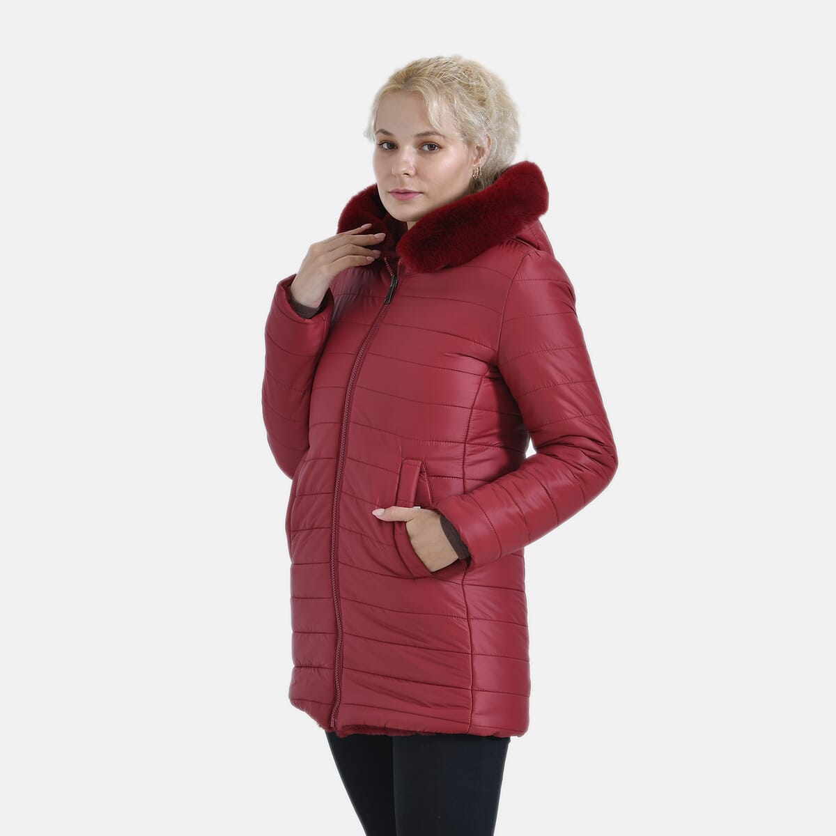 Tamsy Red Reversible Faux Fur and Puffer Jacket with Hood - XXL image number 2
