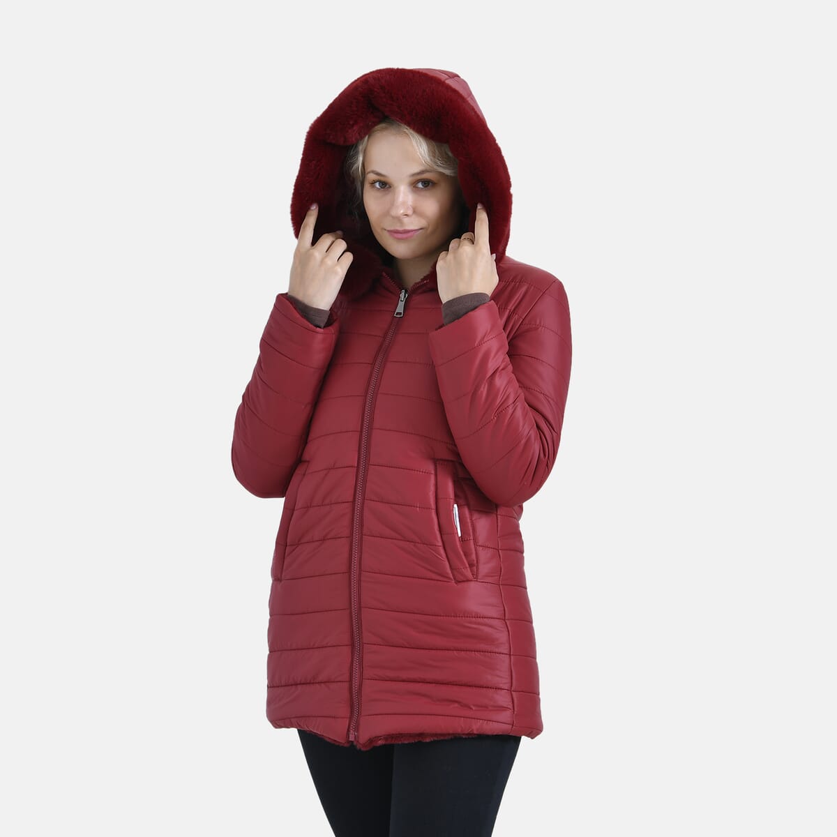 Tamsy Red Reversible Faux Fur and Puffer Jacket with Hood - XXL image number 3