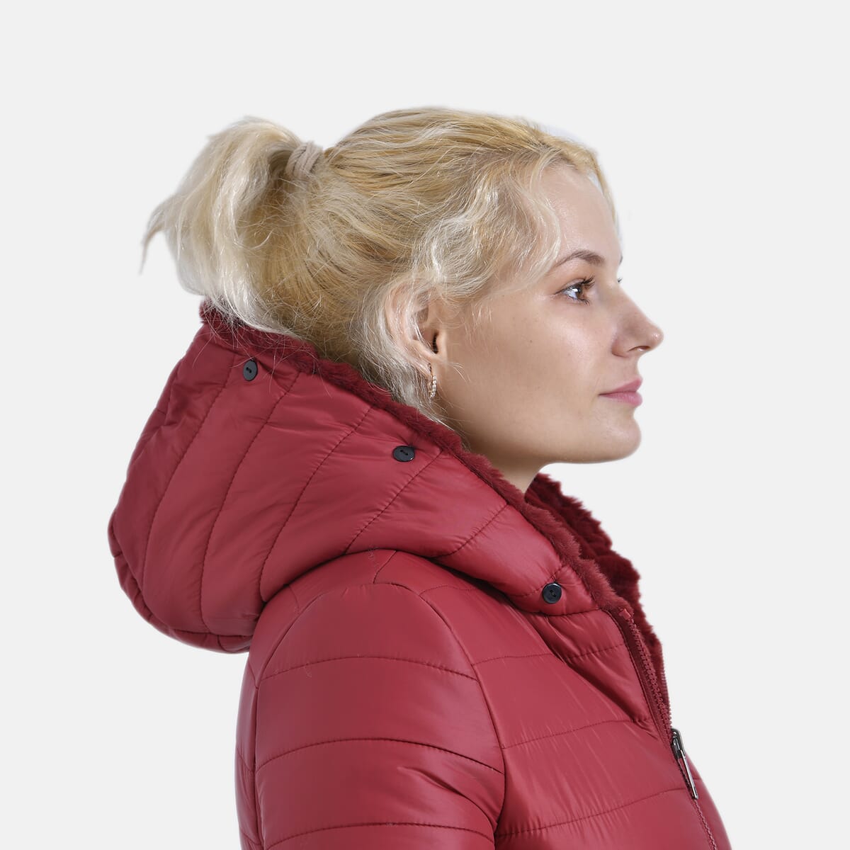 Tamsy Red Reversible Faux Fur and Puffer Jacket with Hood - XXL image number 5
