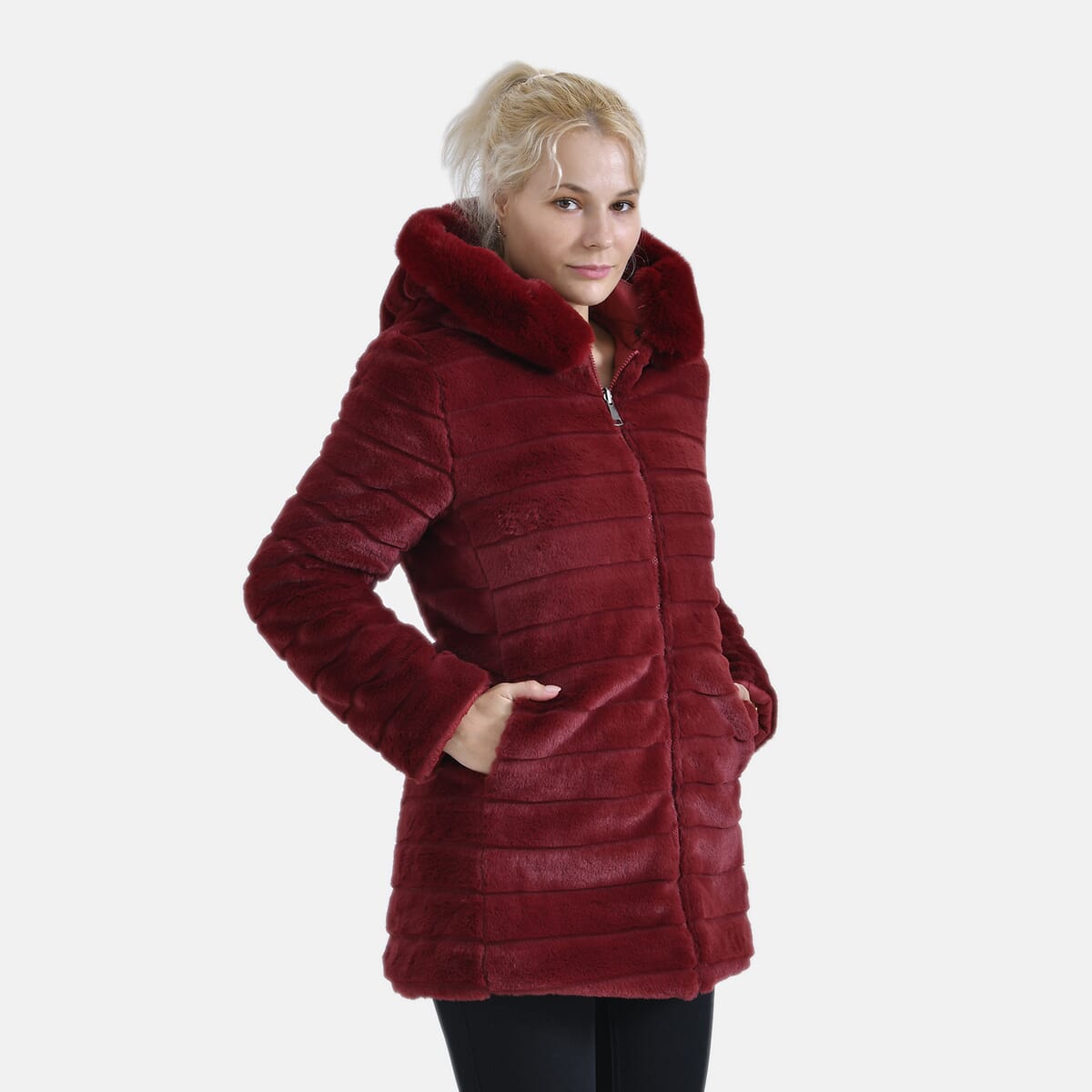 Tamsy Red Reversible Faux Fur and Puffer Jacket with Hood - XXL image number 6